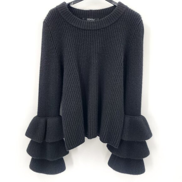 SAKS FIFTH AVENUE 4-Ply Cashmere Ruffle Sleeve Pullover Sweater Black - Picture 1 of 4